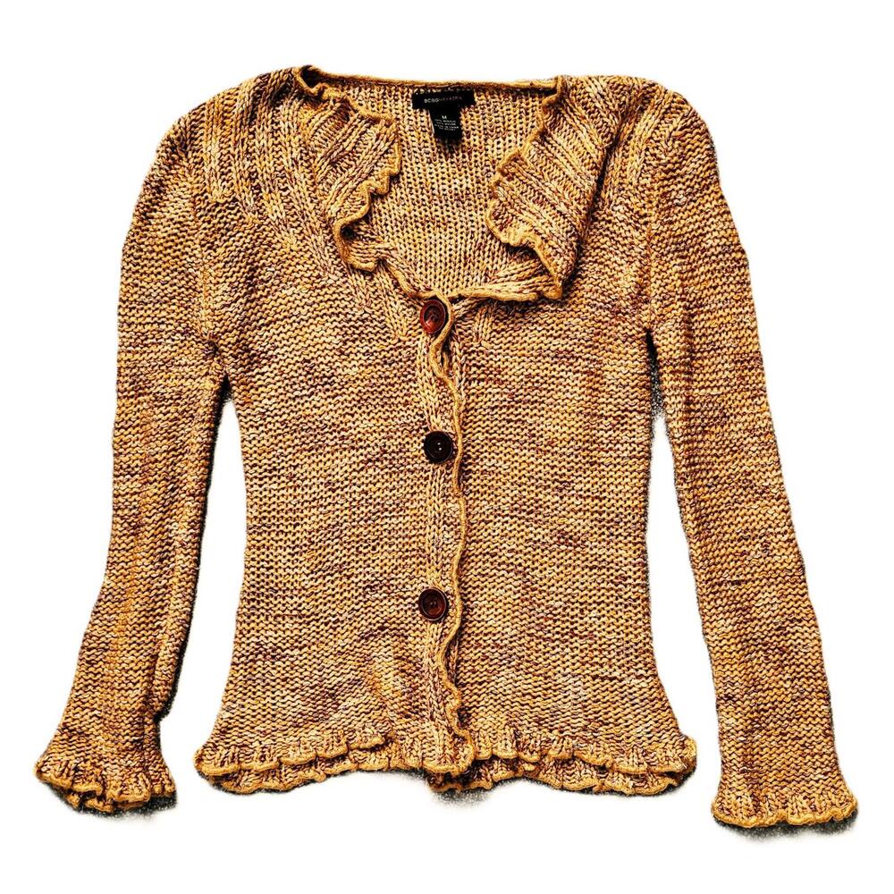 BCBG Max Azria Women’s Medium Knit Cardigan Sweater Tan Ruffle Trim